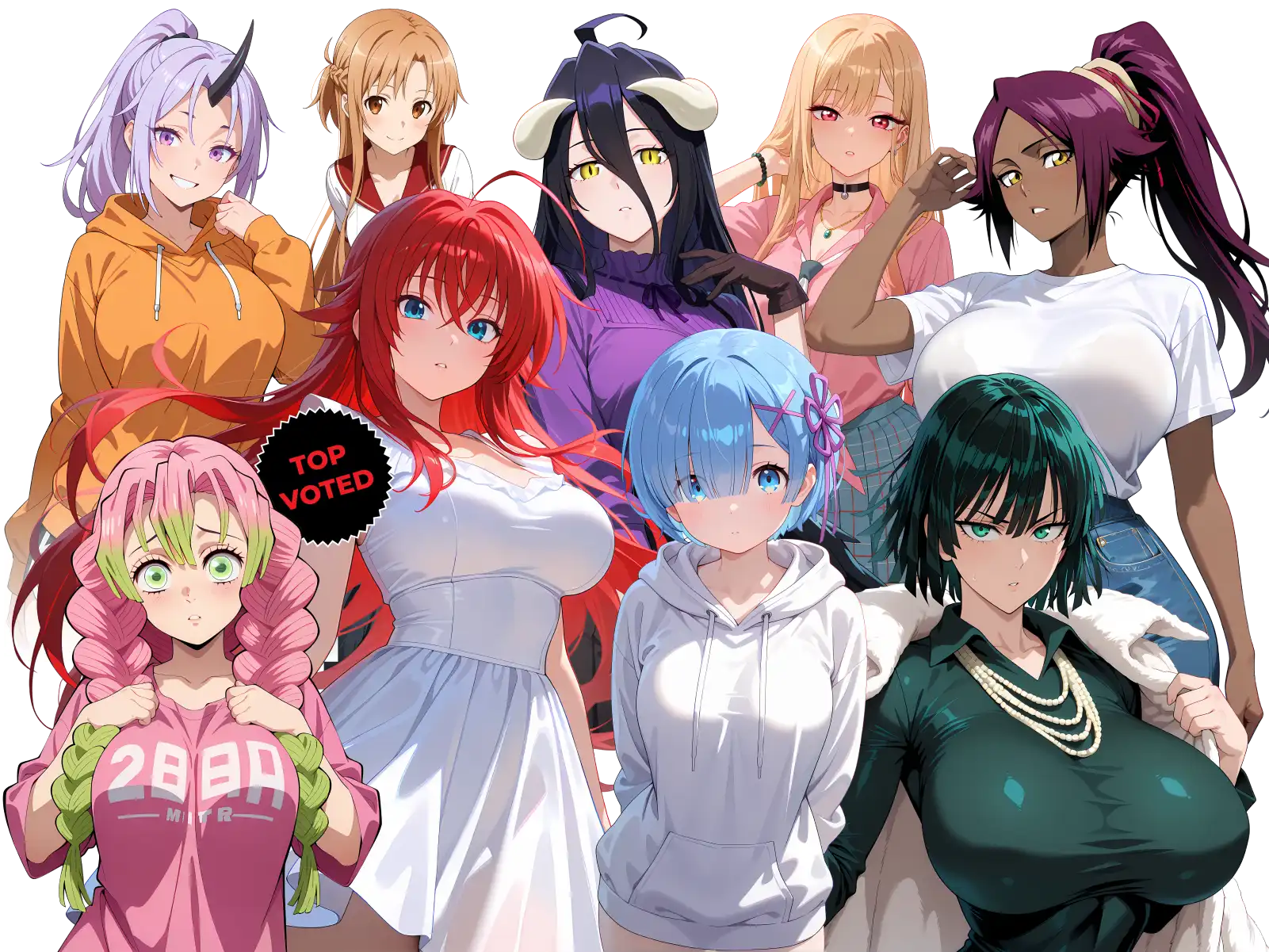 Group of nine anime characters posing together, each with distinct outfits and hairstyles.