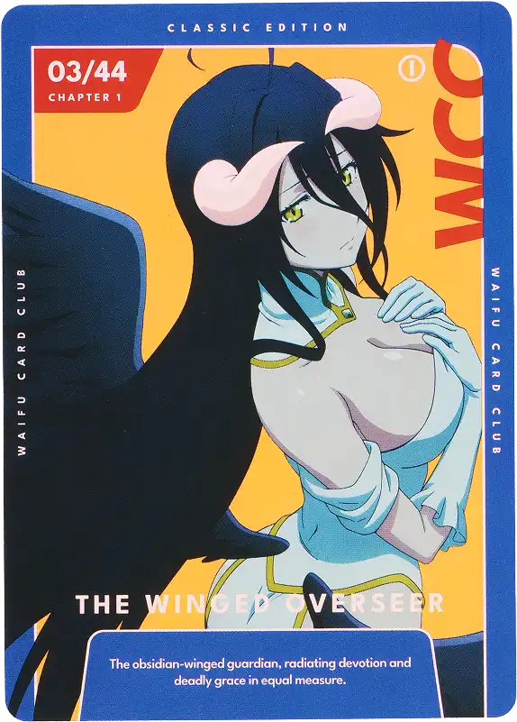 Anime character with wings and horns on a colorful card with text and decorative borders.