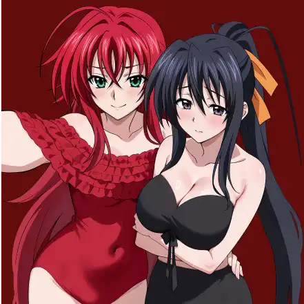 Two anime characters posing together with contrasting hair colors.