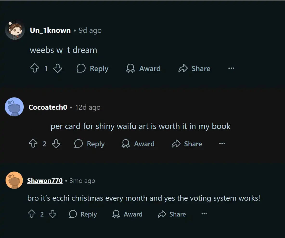 Three comments from an online forum about anime-related content.