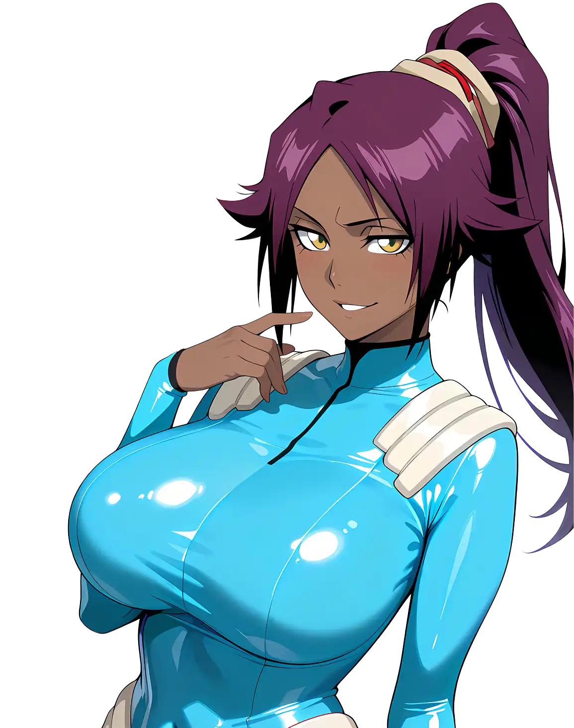 Anime character in a blue suit, with purple hair in a ponytail, smiling mischievously.