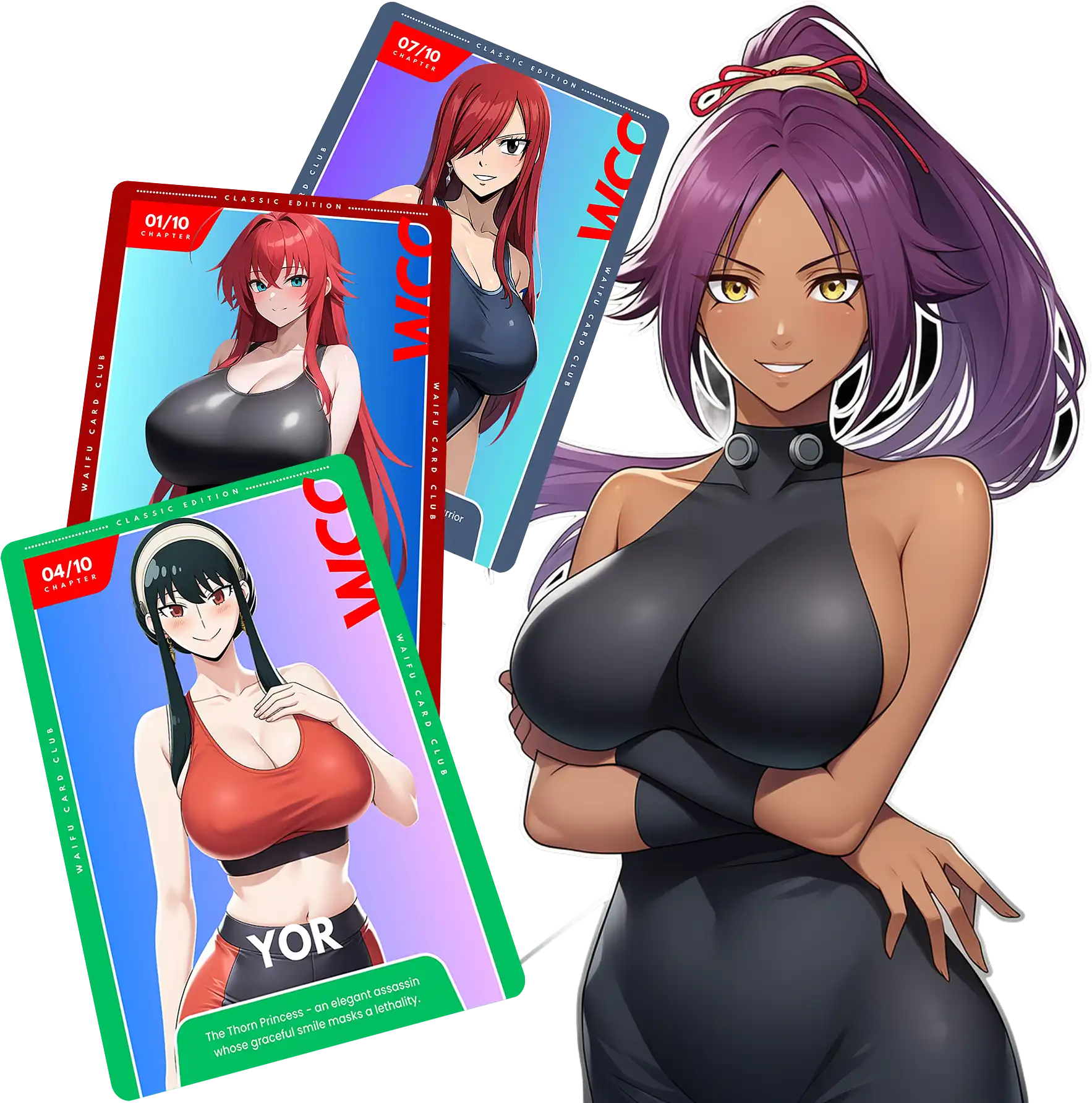 Anime character with purple hair, three character cards in the background.