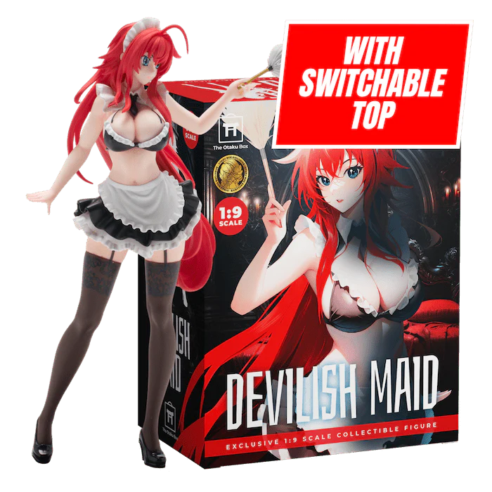 Anime figure of a red-haired maid in front of a matching box.
