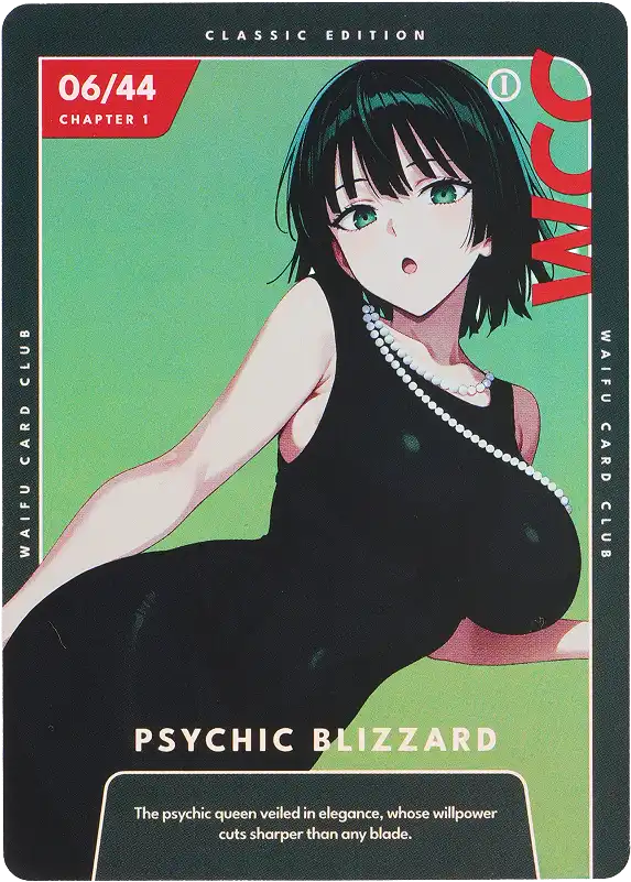 Anime-style card with a green-haired character in a black dress.