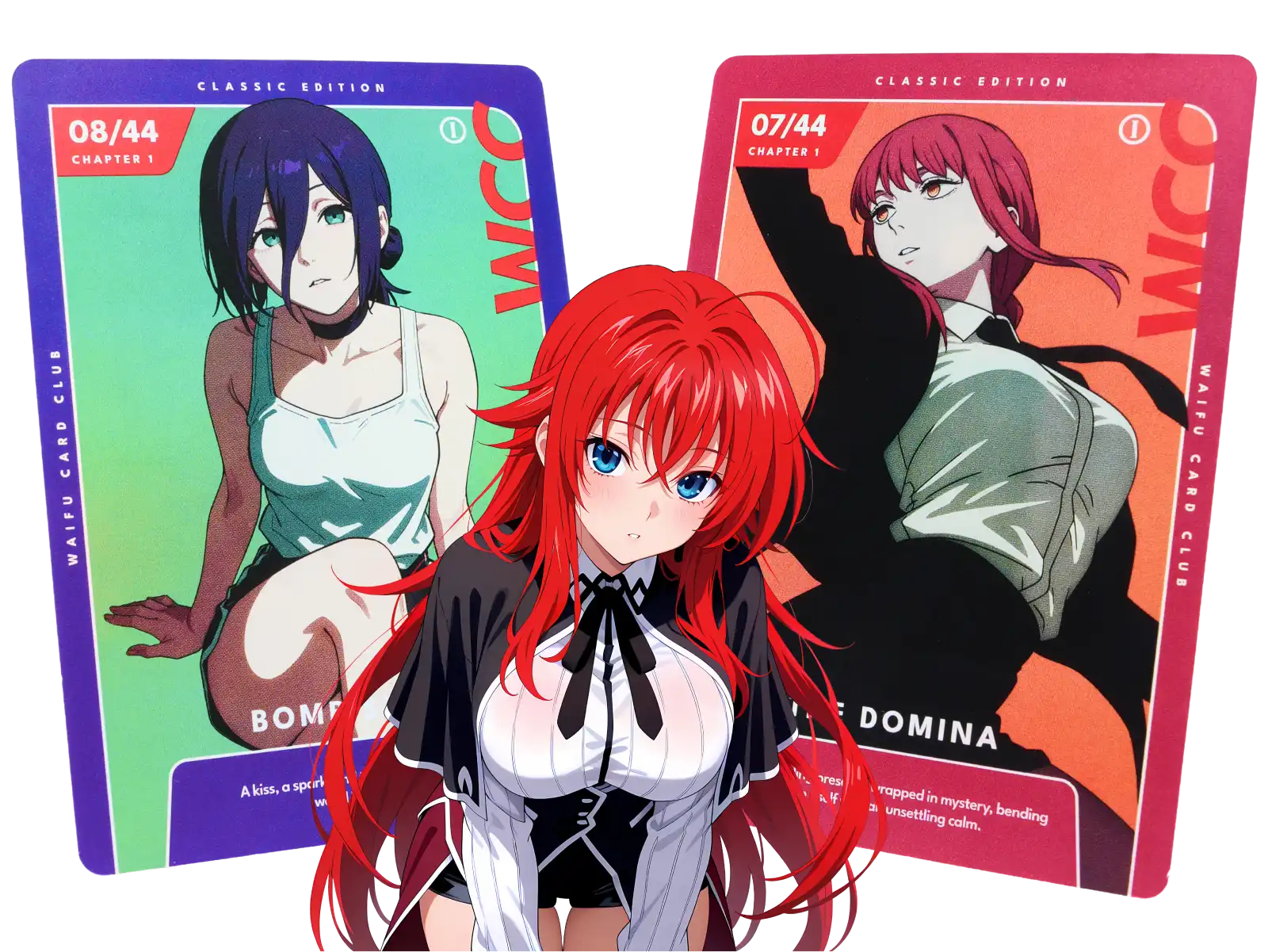 Anime character and two colorful trading cards with illustrations and text.