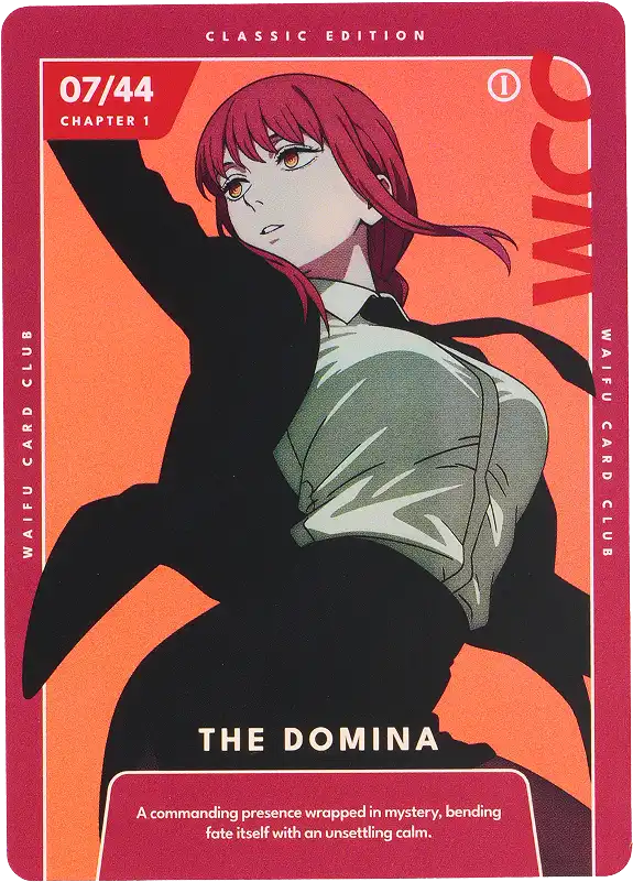 Anime-style card titled 'The Domina' with a character in a dynamic pose.