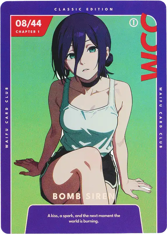 Anime-style character sitting with text 'Bomb Siren' and colorful card design.