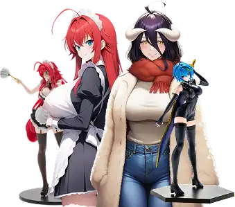 Multiple anime character figures in various outfits on display.