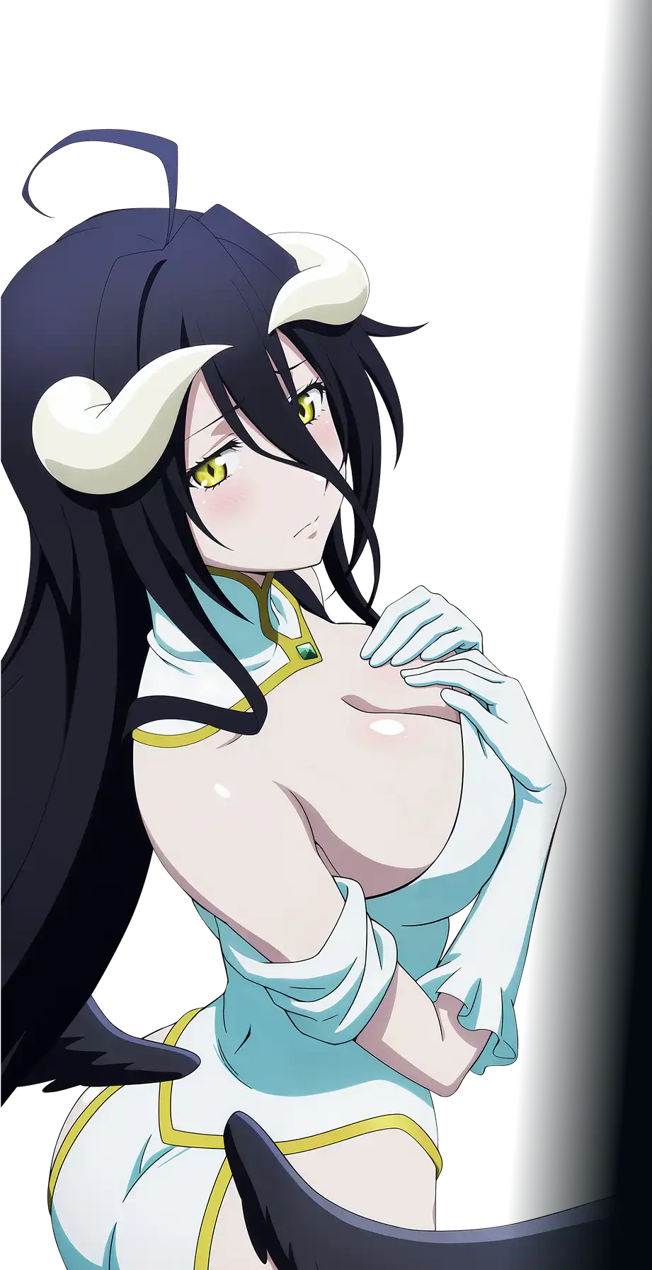 Anime character with dark hair, horns, and white gloves, looking sideways.