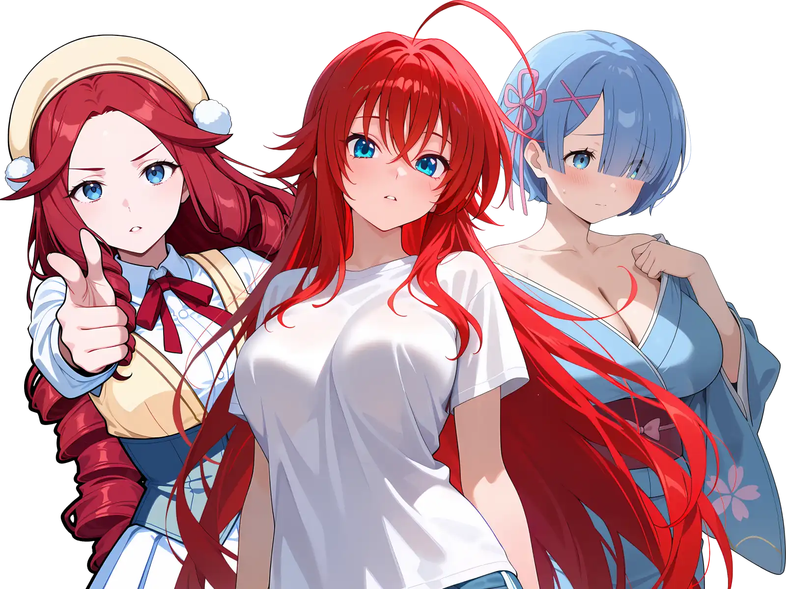 Three animated characters with distinct hairstyles in varied outfits.