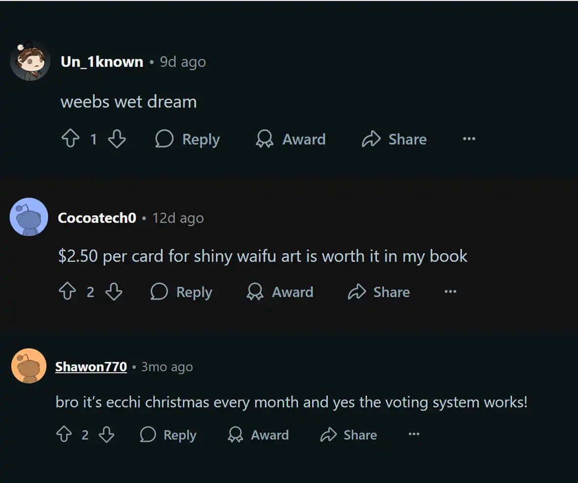 Three online comments discussing card pricing and art preferences.