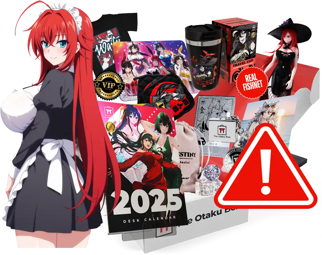 Anime-themed merchandise including figures, posters, and a calendar with an exclamation mark symbol.
