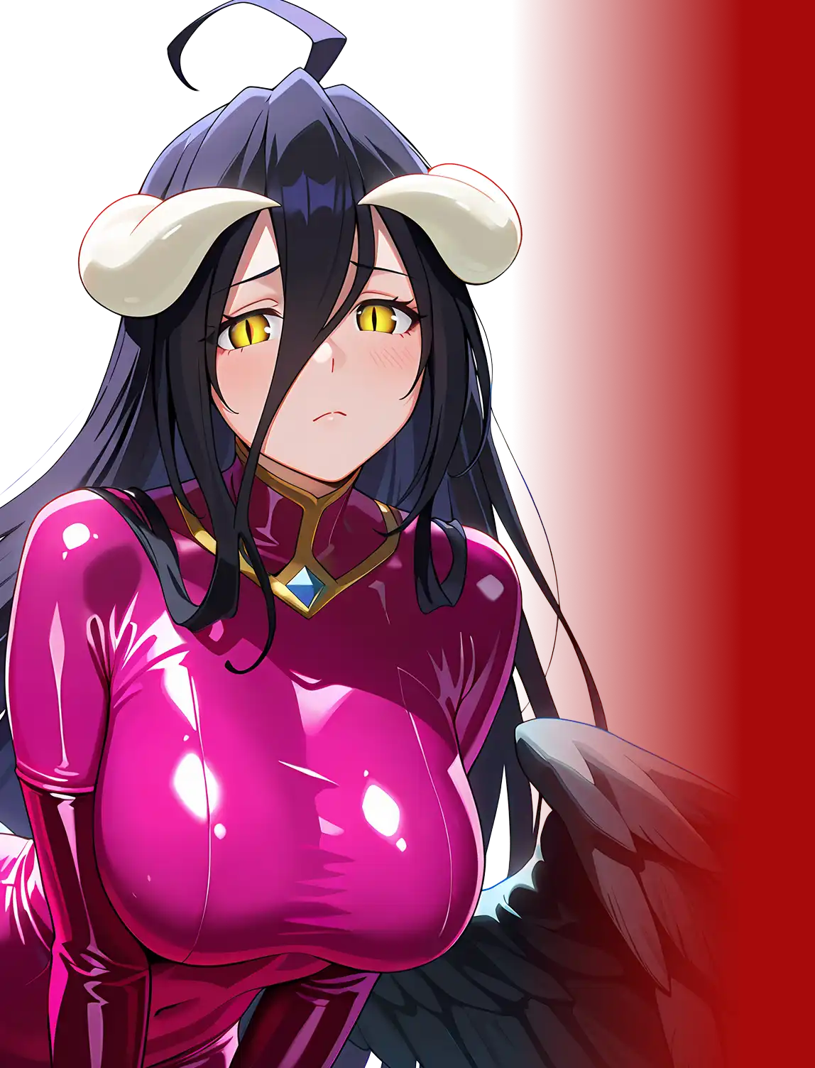 Anime character with horns, yellow eyes, and black wings in a glossy pink outfit.