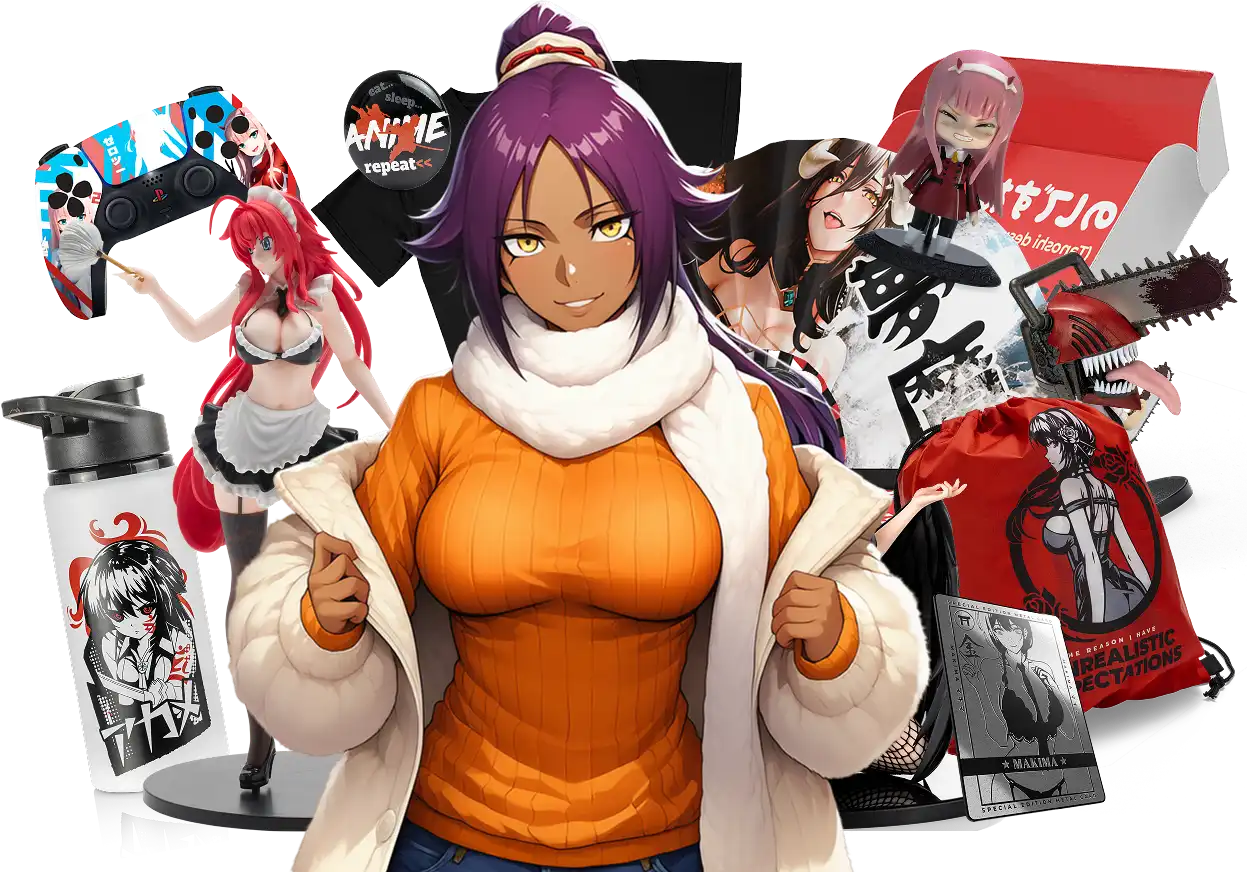 Animated character surrounded by anime merchandise, including figurines, controller, and illustrated items.