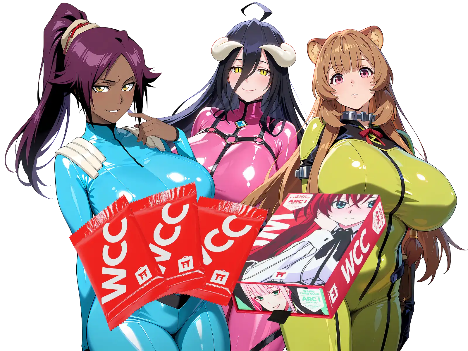 Three anime characters in colorful outfits holding WCC packets and a box.