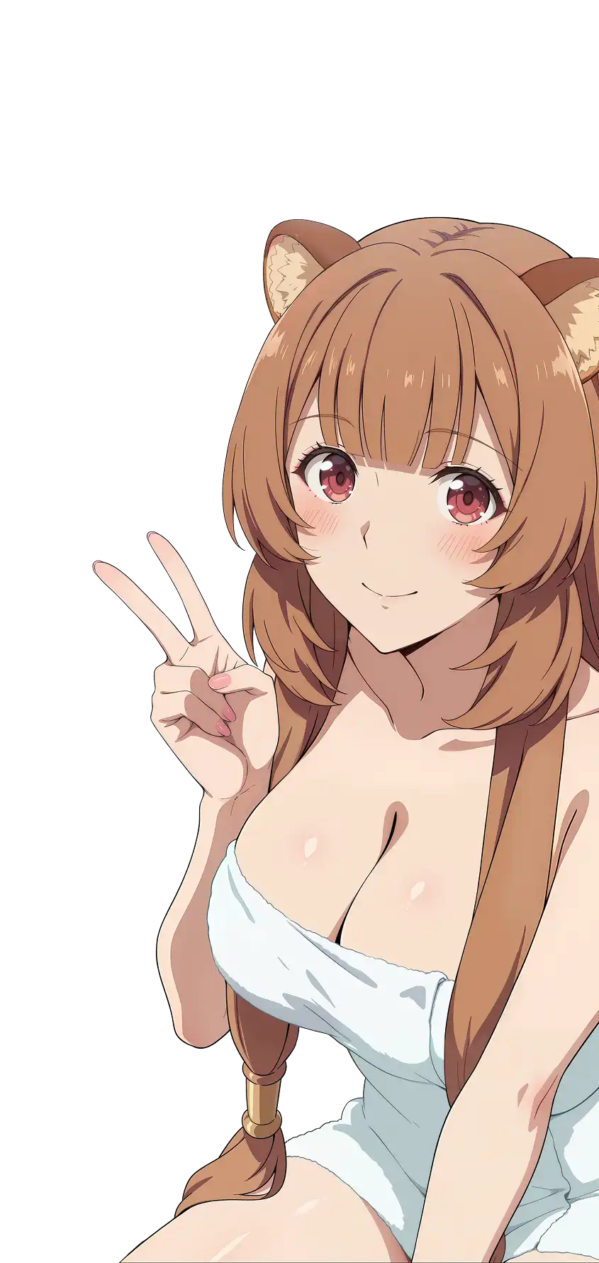 Anime character with long hair, animal ears, making a peace sign gesture.