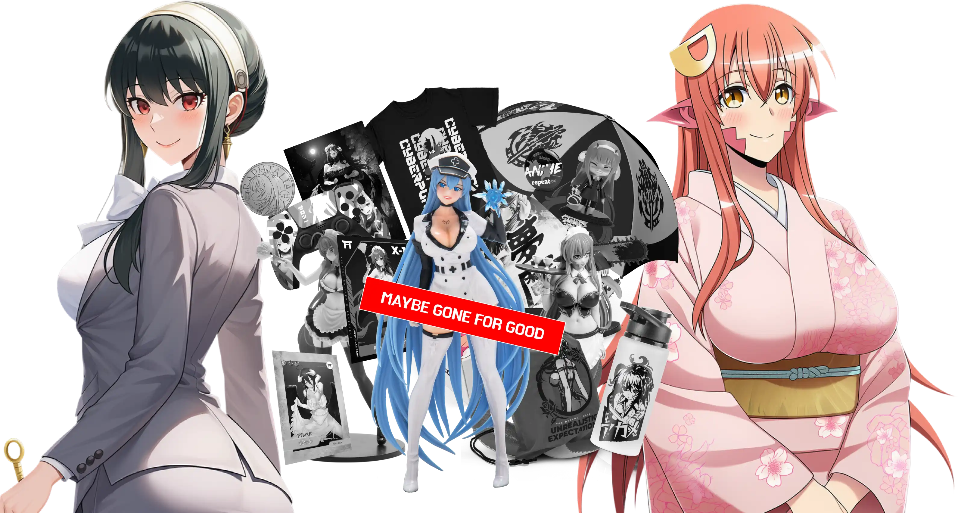 Anime characters and merchandise collection with a 'Maybe Gone for Good' sign.