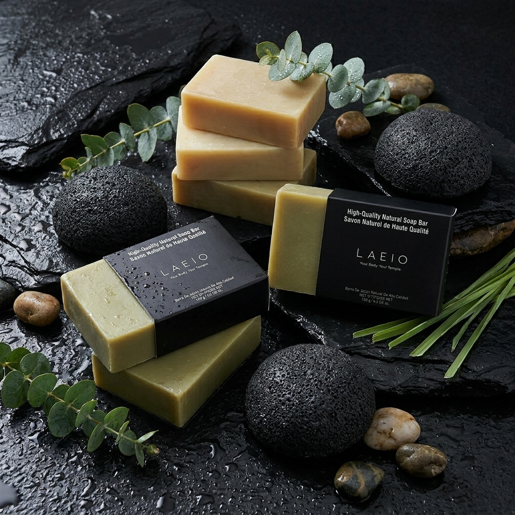 Bars of natural soap, sponges, and eucalyptus leaves arranged on a wet, dark slate surface.