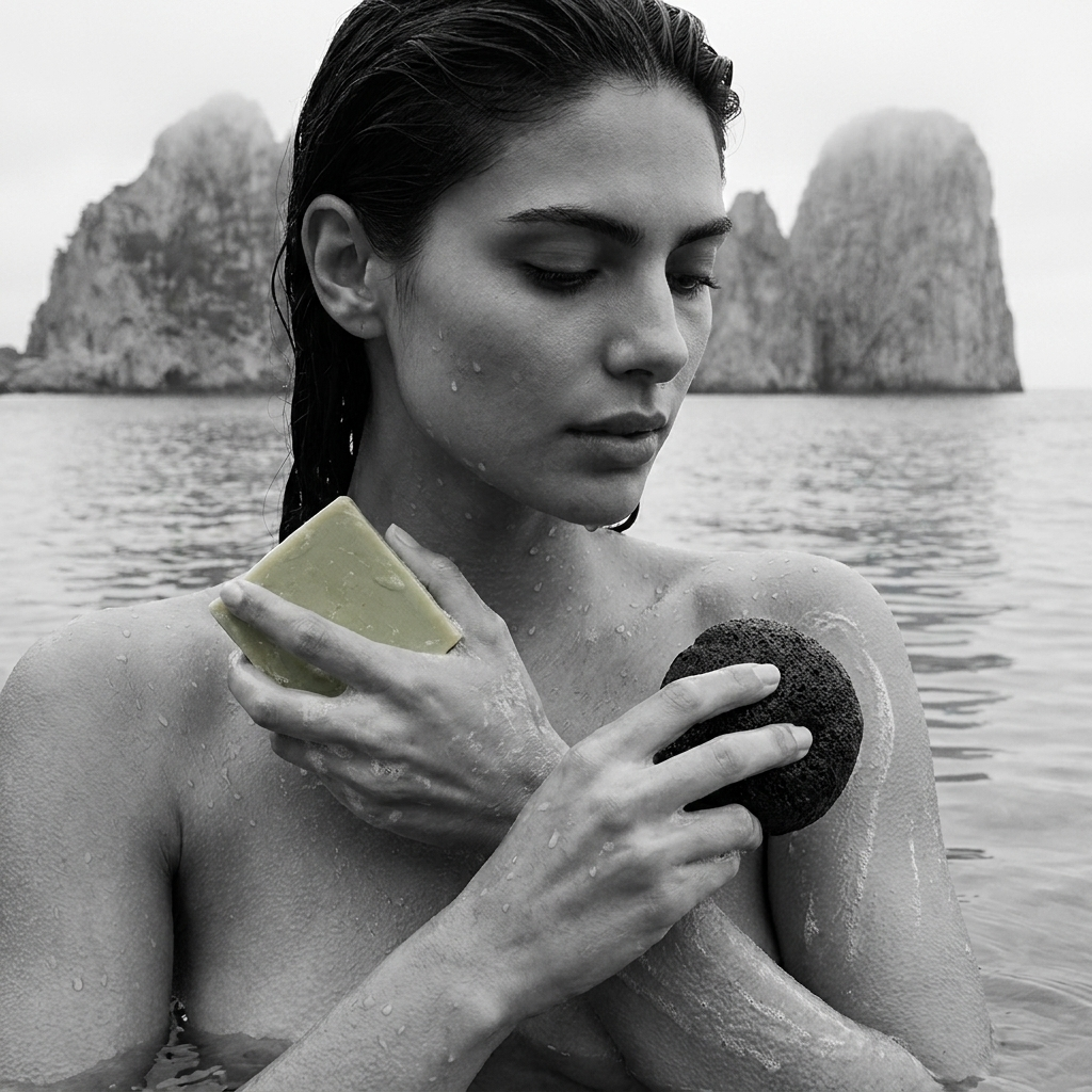 A black and white photo of a woman in the water, washing with a green soap bar.