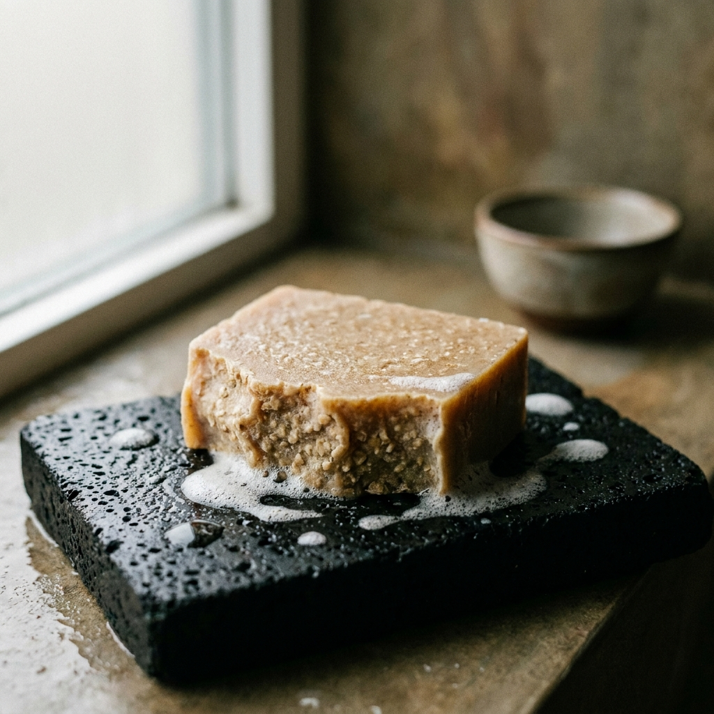 A bar of soap with suds rests on a wet, black, porous soap dish by a window.