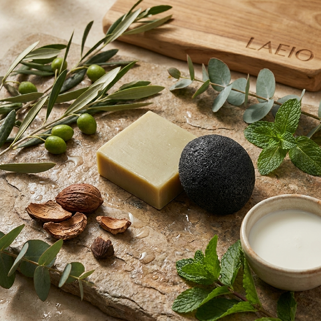 A bar of soap and a black sponge arranged on a stone with olives, mint, and nuts.