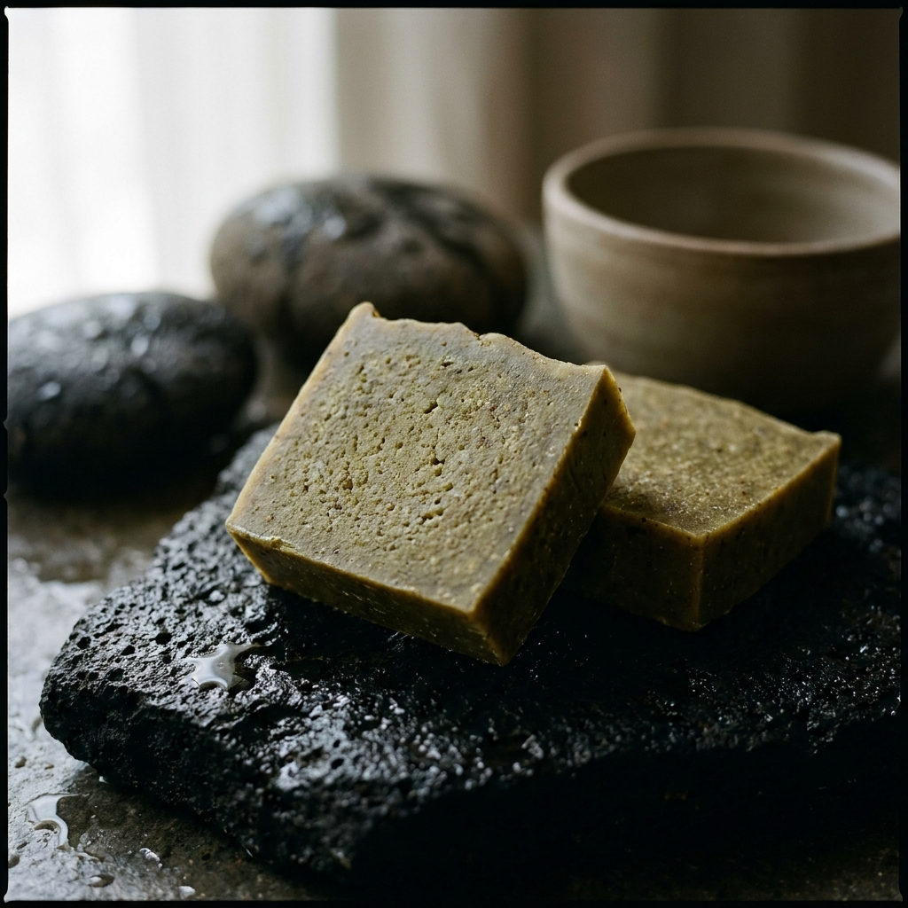 Two square bars of green soap rest on a wet, dark, porous rock.