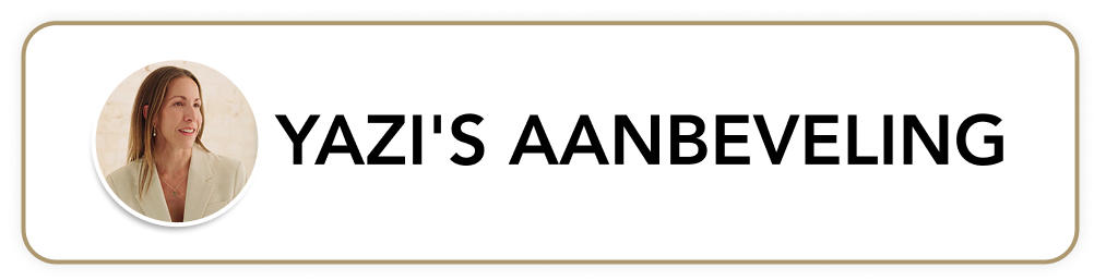 Circular photo of a woman next to text 'Yazi's Aanbeveling' on a white background.