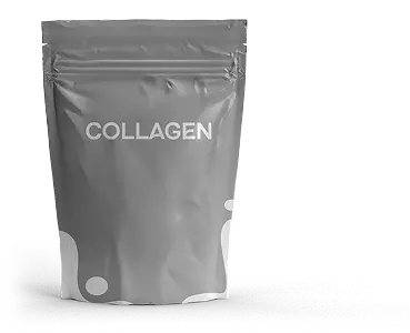 Gray pouch labeled 'Collagen' with white dots on the sides.