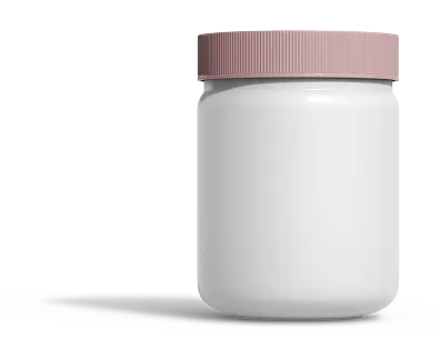 White jar with a pink lid on a plain background.