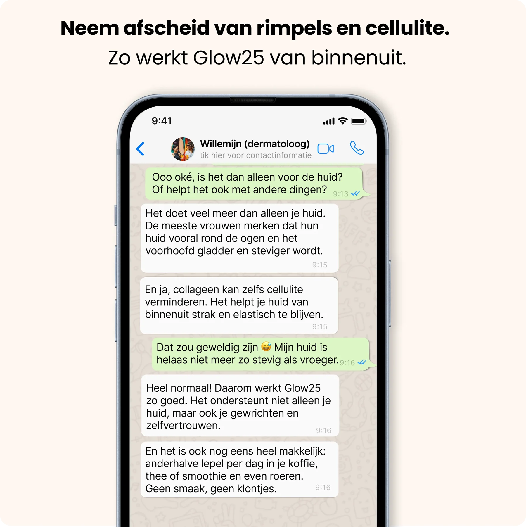 Smartphone displaying a chat about skincare benefits of Glow25.
