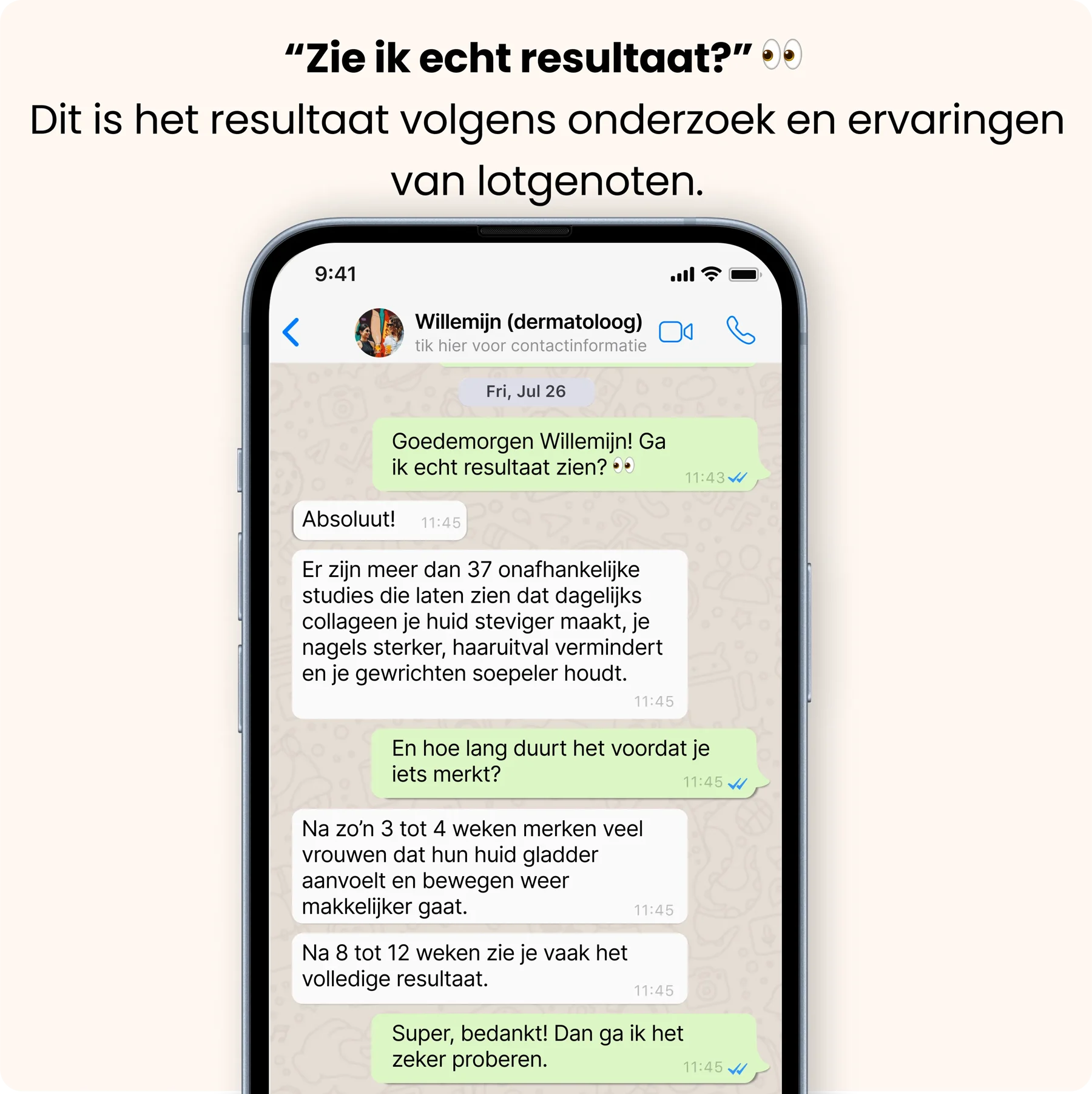 Smartphone displaying a WhatsApp conversation about skincare results in Dutch.