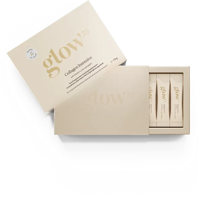 Box of glow collagen packs with partially opened lid.