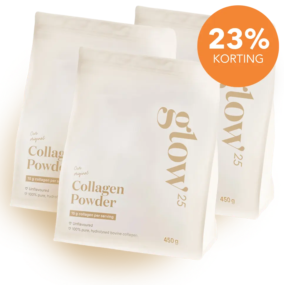 Three bags of collagen powder with a 23% discount label.