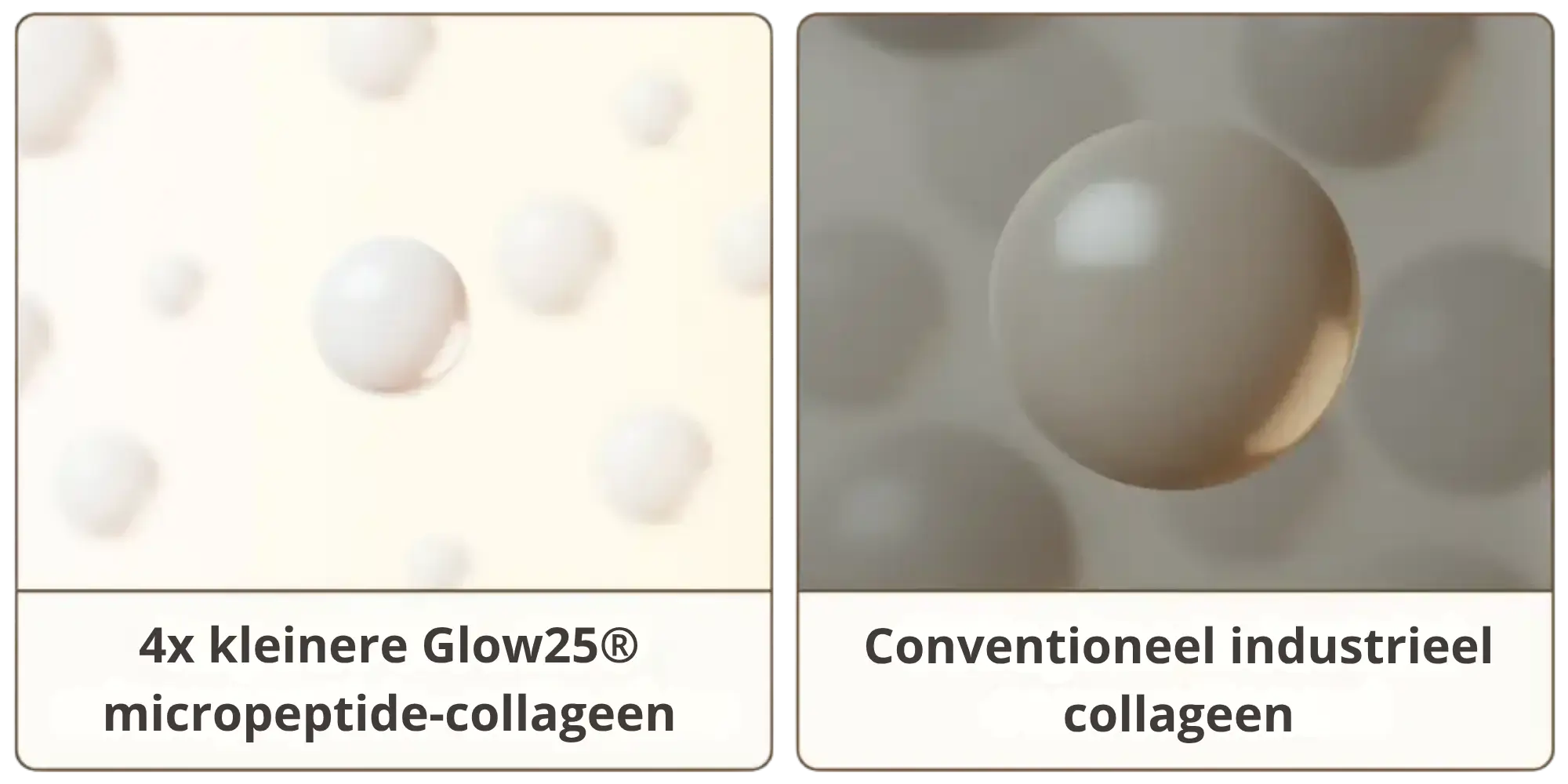 Illustration comparing Glow25 micropeptide-collagen and conventional industrial collagen molecules.