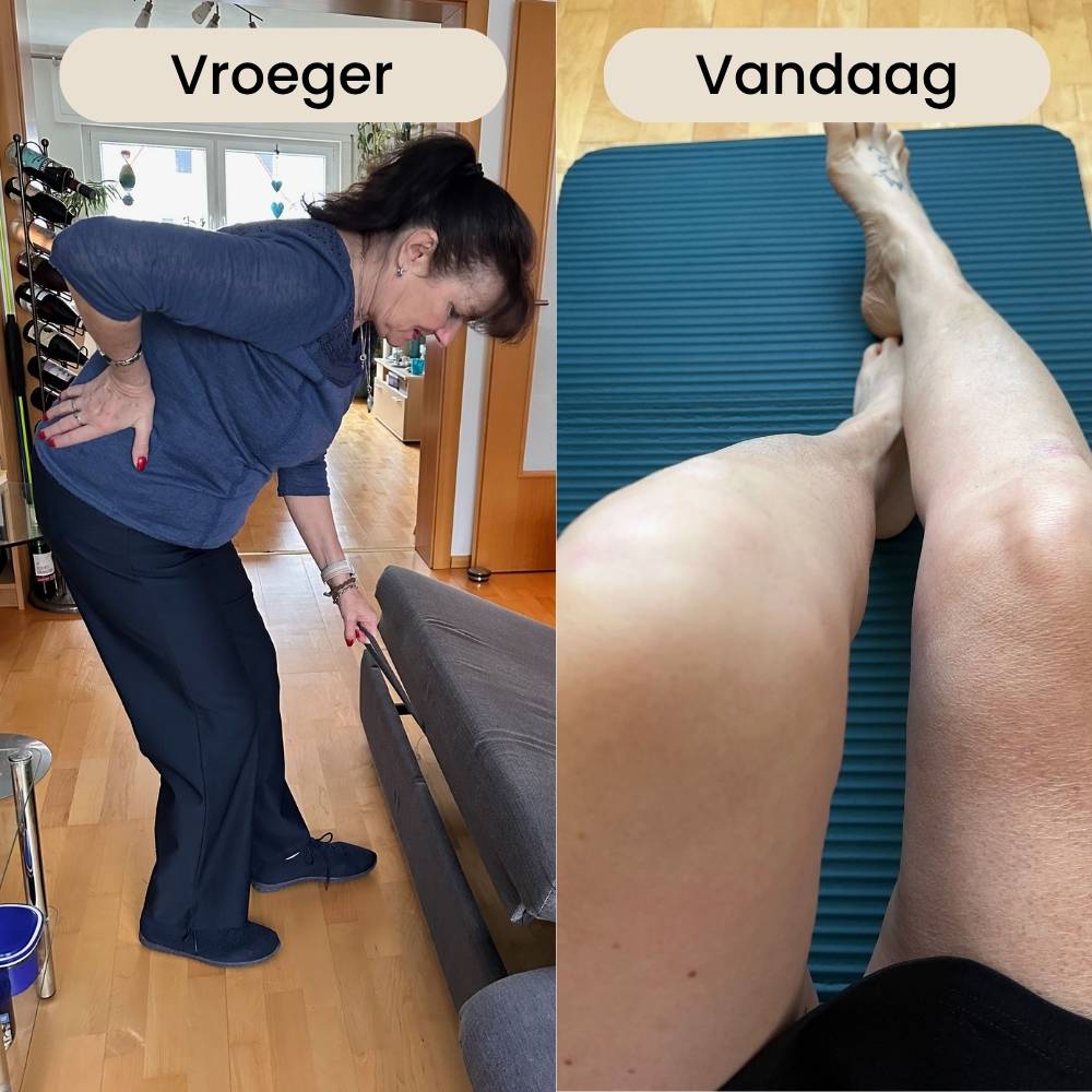 Left: person bending, holding back; Right: legs on exercise mat.