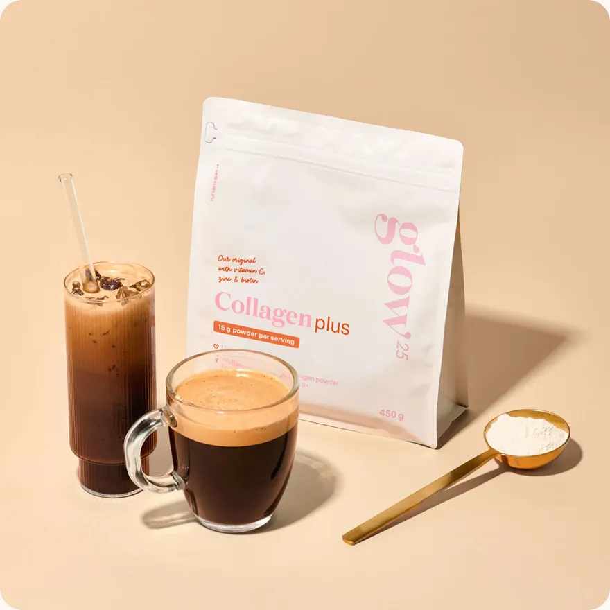 Collagen powder package with two coffee drinks and a spoon of powder on a beige background.