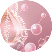 Abstract pink background with DNA helix and molecular structures.