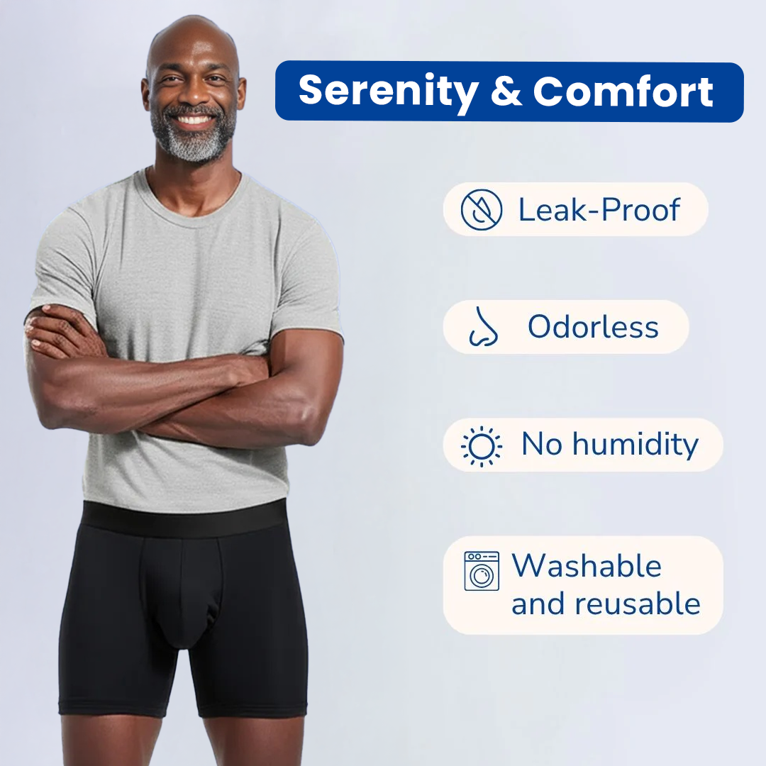 Man in gray shirt and black shorts with text about comfort features.