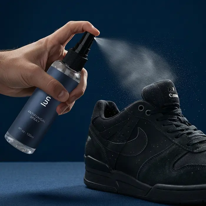 Applying antifungal spray on shoes