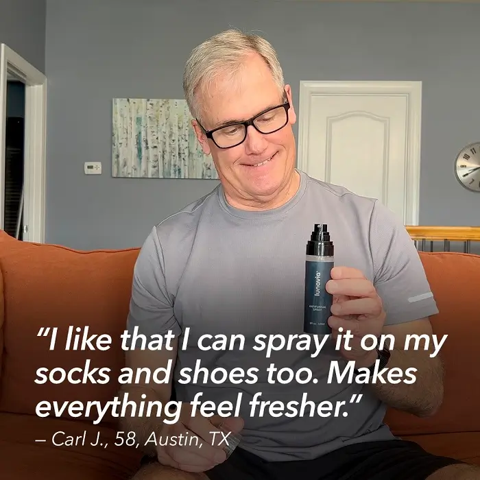Man holding antifungal spray with review about fresher shoes
