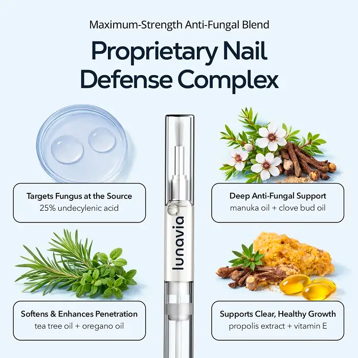 An ad for Lunavia Nail Defense Complex showing the applicator pen surrounded by images of its ingredients.