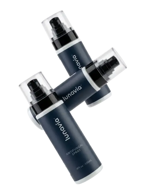 Three bottles of Lunavia Antifungal Spray arranged against a white background.