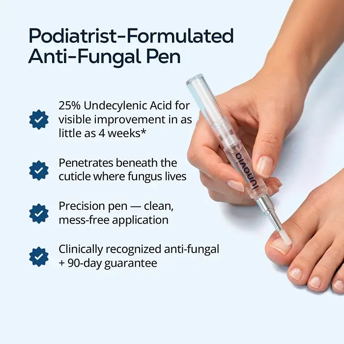 Ad for a podiatrist-formulated anti-fungal pen showing its application to a toenail and listing benefits.