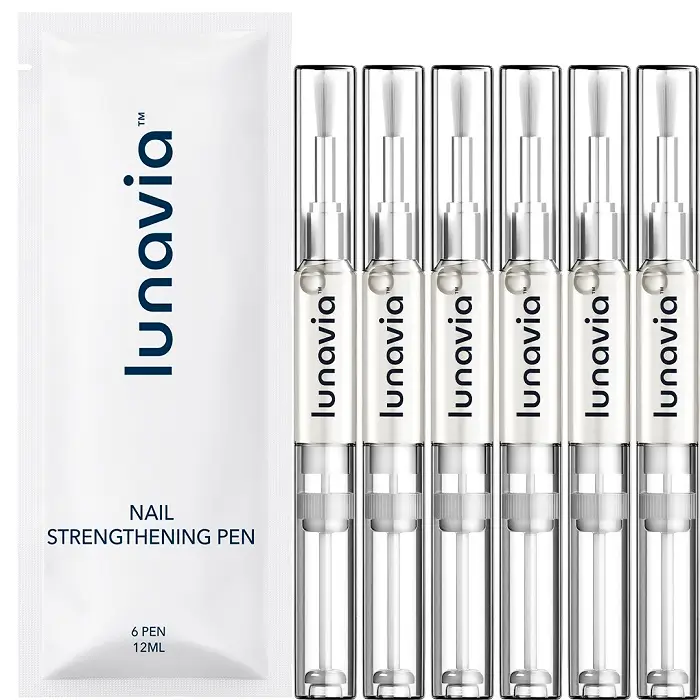 Lunavia nail strengthening pen packaging with six transparent pens shown.