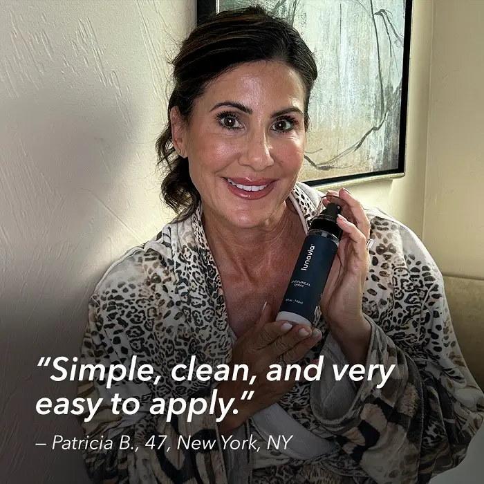 Woman holding antifungal spray with review about easy application