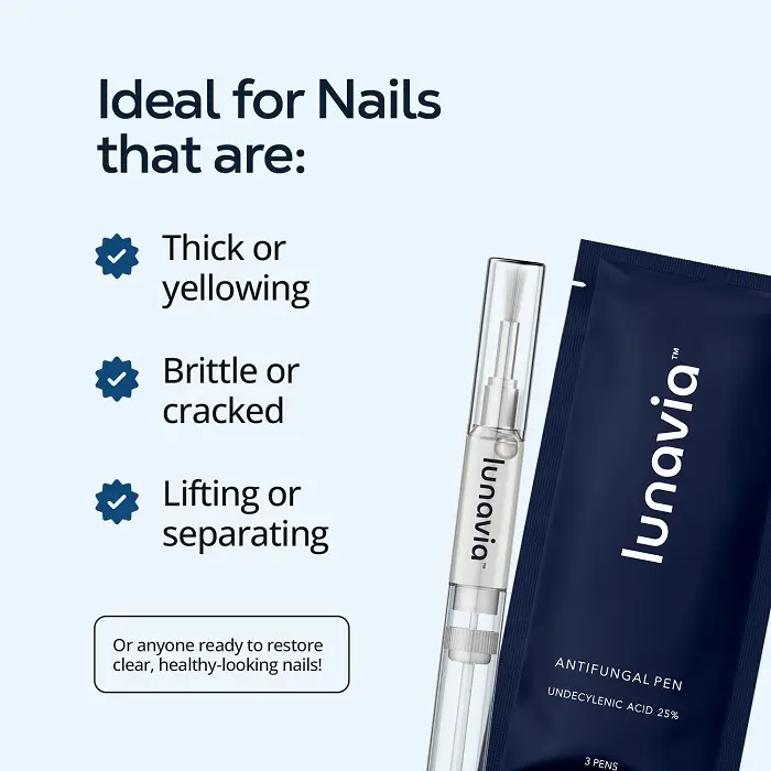 An advertisement for Lunavia Antifungal Pen listing its benefits for unhealthy nails.