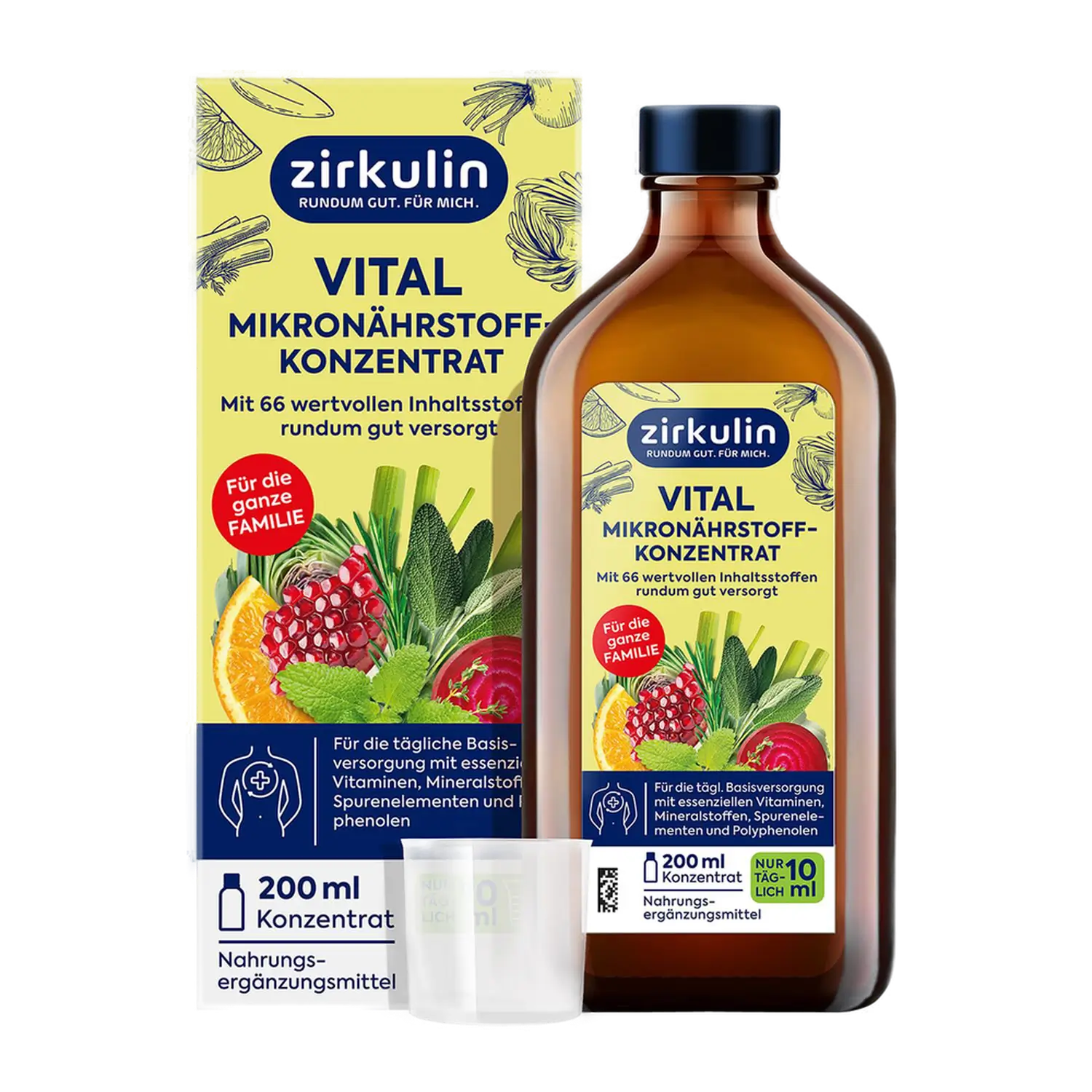 A bottle of Zirkulin Vital micronutrient concentrate with its box and a small measuring cup.