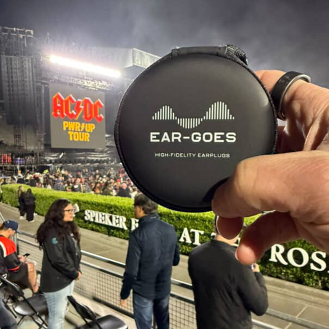 Hand holding earplugs case at a concert venue with a crowd and stage in background.