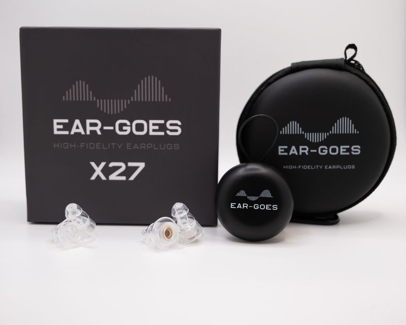 Earplugs with packaging and carrying case labeled 'EAR-GOES X27'.