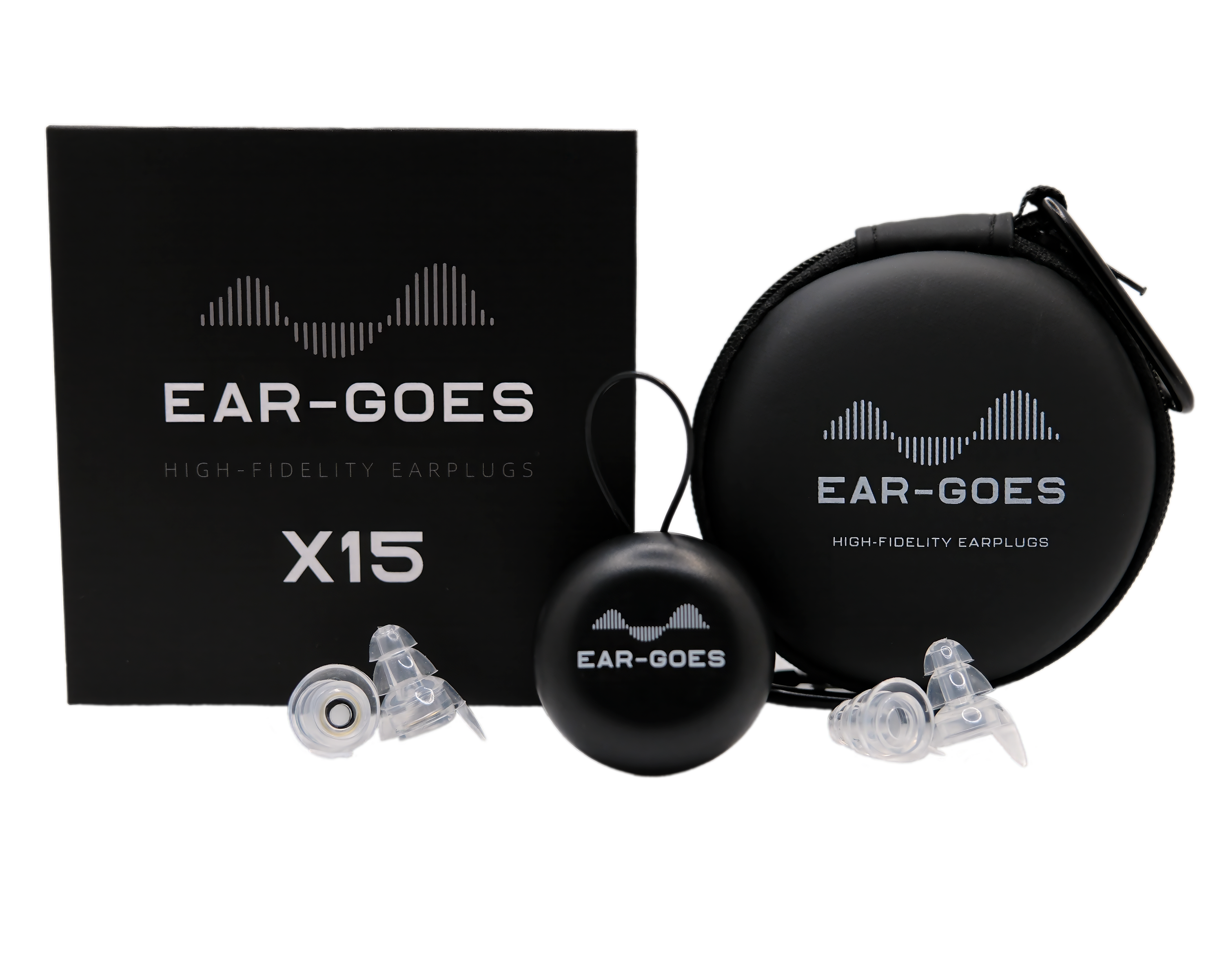 Earplugs with black round cases and a box labeled 'EAR-GOES X15'.